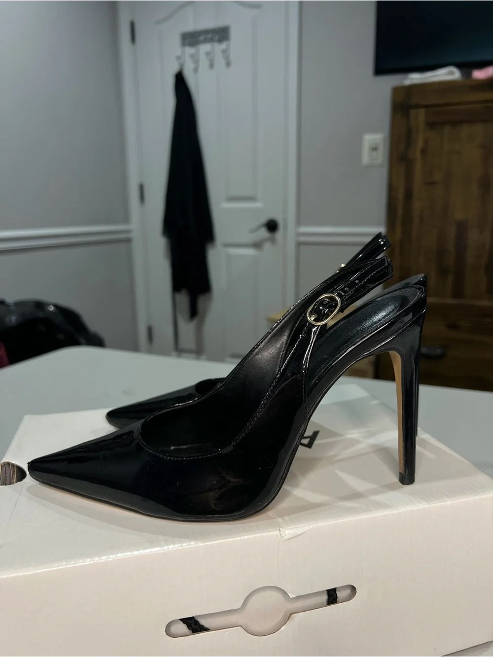 Aldo Black Patent Pointed Slingback Heels
